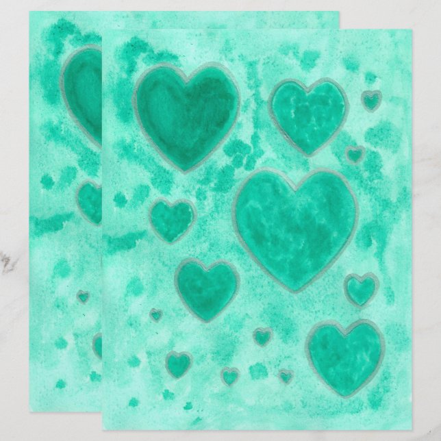 Emerald Green Hearts Watercolor Scrapbook Paper (Front/Back)