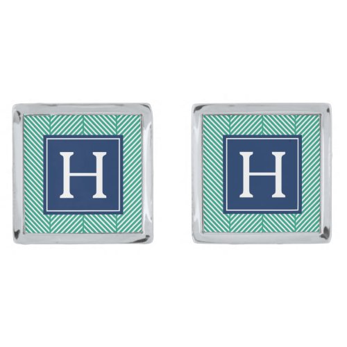 Emerald Green Herringbone Pattern Monogram Silver Cufflinks