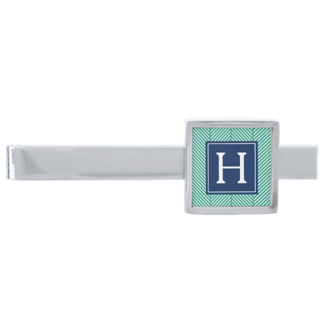 Emerald Green Herringbone Pattern Monogram Silver Finish Tie Bar (Front)