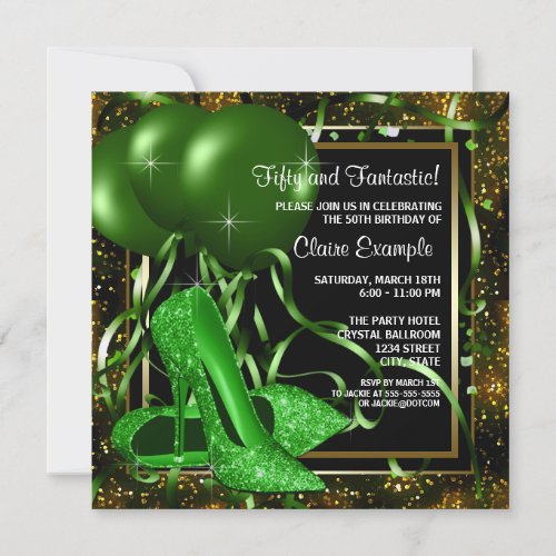 Emerald Green High Heel Shoe Womans Birthday Party Invitation