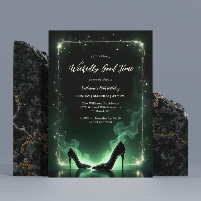 Emerald Green High Heels Mystical Wicked Birthday Invitation (Wicked Witch Themed Birthday Party Invitation – Emerald Green Mystical Design)