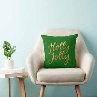 Emerald Green Holly Jolly - Gold Script Decor Throw Pillow