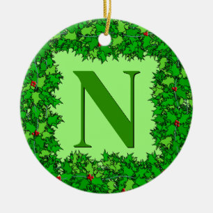 Emerald Green Holly Wreath Personalized Ceramic Ornament
