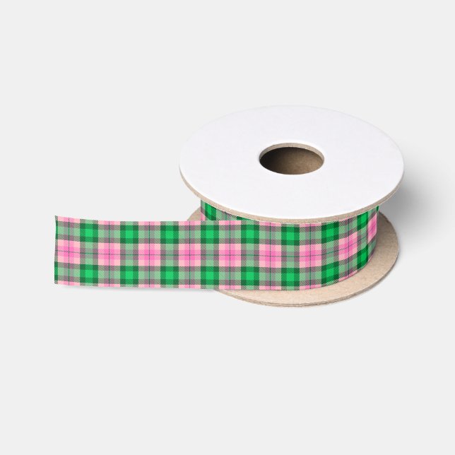 Emerald Green, Hot Pink Preppy Plaid Satin Ribbon (Spool)