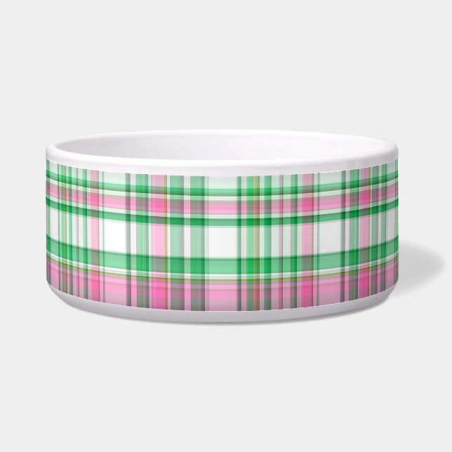 Emerald Green, Hot Pink, White Preppy Madras Plaid Bowl (Front)