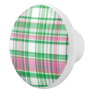 Emerald Green, Hot Pink, White Preppy Madras Plaid Ceramic Knob