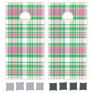Emerald Green, Hot Pink, White Preppy Madras Plaid Cornhole Set