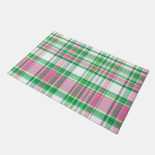 Emerald Green, Hot Pink, White Preppy Madras Plaid Doormat