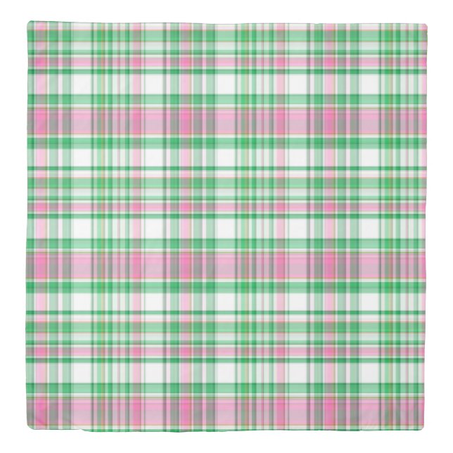 Emerald Green, Hot Pink, White Preppy Madras Plaid Duvet Cover (Front)