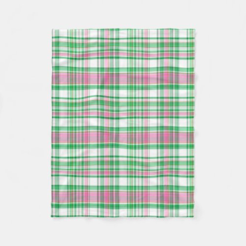 Emerald Green Hot Pink White Preppy Madras Plaid Fleece Blanket