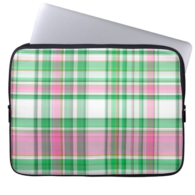 Emerald Green, Hot Pink, White Preppy Madras Plaid Laptop Sleeve (Front)