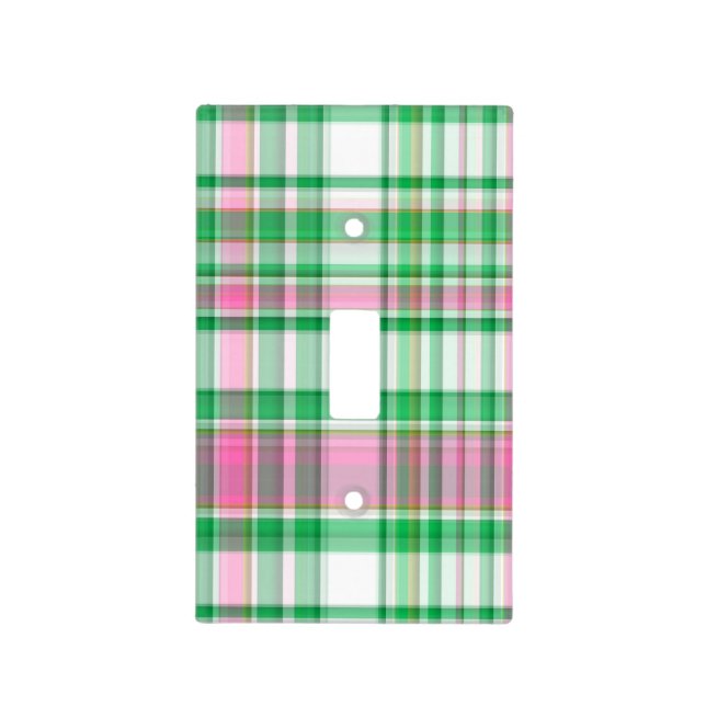 Emerald Green, Hot Pink, White Preppy Madras Plaid Light Switch Cover (Front)