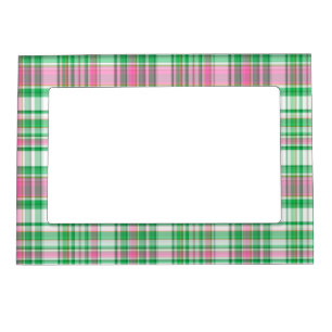 Emerald Green, Hot Pink, White Preppy Madras Plaid Magnetic Picture Frame