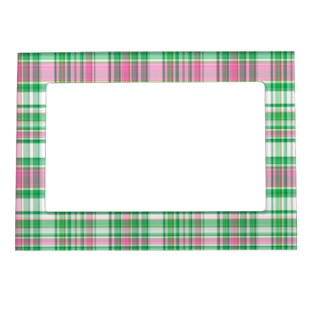 Emerald Green, Hot Pink, White Preppy Madras Plaid Magnetic Picture Frame (Front)