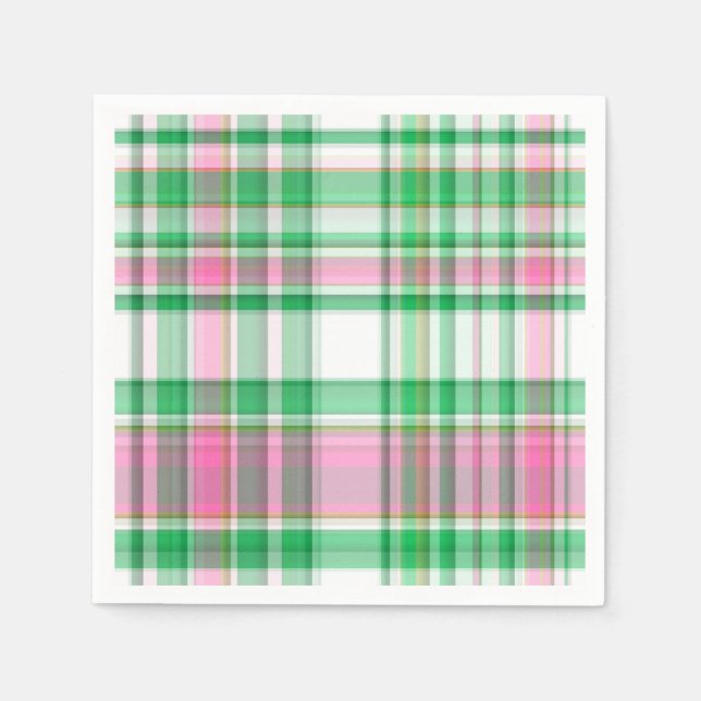 Emerald Green, Hot Pink, White Preppy Madras Plaid Napkins (Front)