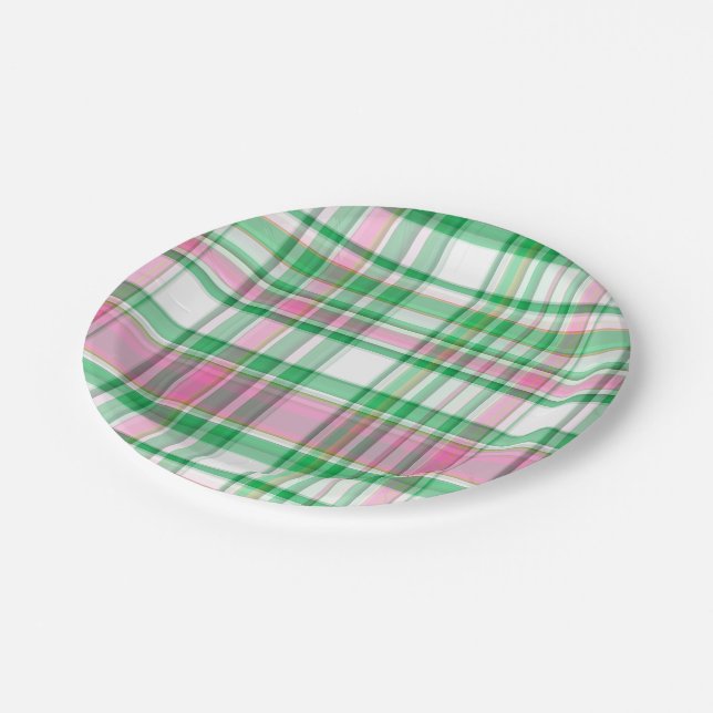 Emerald Green, Hot Pink, White Preppy Madras Plaid Paper Plates (Angled)