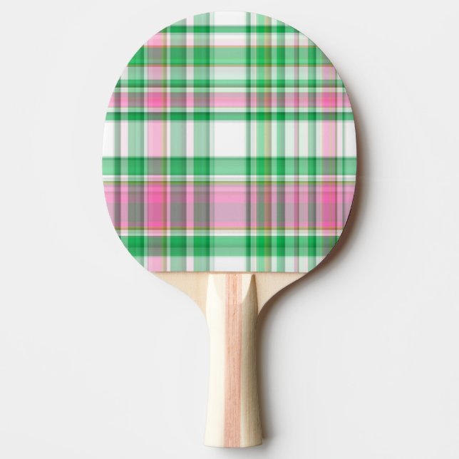 Emerald Green, Hot Pink, White Preppy Madras Plaid Ping-Pong Paddle (Front)