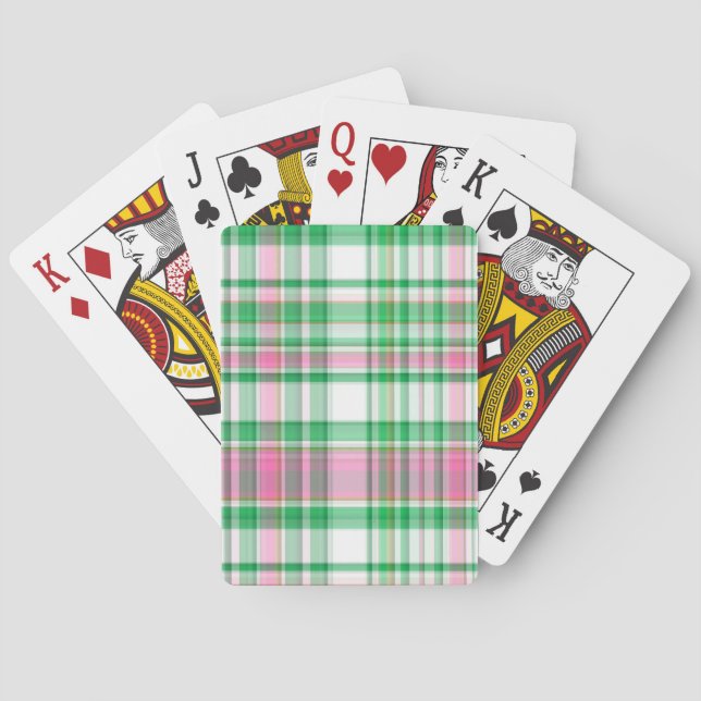 Emerald Green, Hot Pink, White Preppy Madras Plaid Poker Cards (Back)