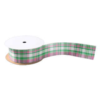 Emerald Green, Hot Pink, White Preppy Madras Plaid Satin Ribbon