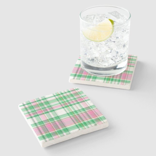 Emerald Green, Hot Pink, White Preppy Madras Plaid Stone Coaster (Side)