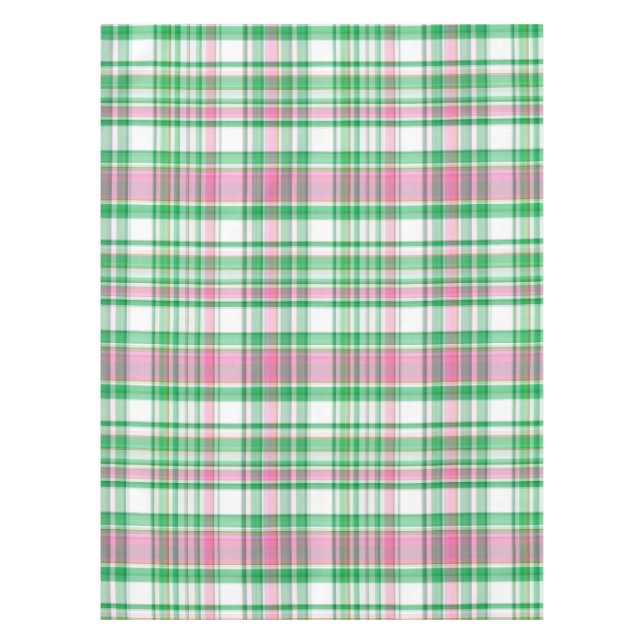 Emerald Green, Hot Pink, White Preppy Madras Plaid Tablecloth (Front)