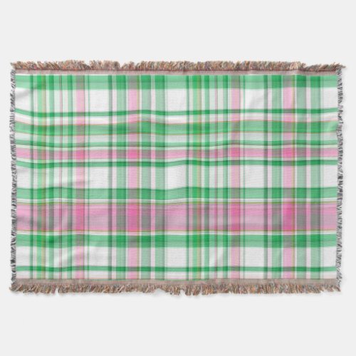 Emerald Green Hot Pink White Preppy Madras Plaid Throw Blanket