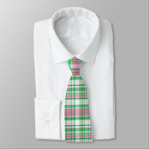 Emerald Green, Hot Pink, White Preppy Madras Plaid Tie