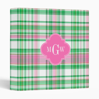 Emerald Green Hot Pink Wht Preppy Madras Monogram 3 Ring Binder