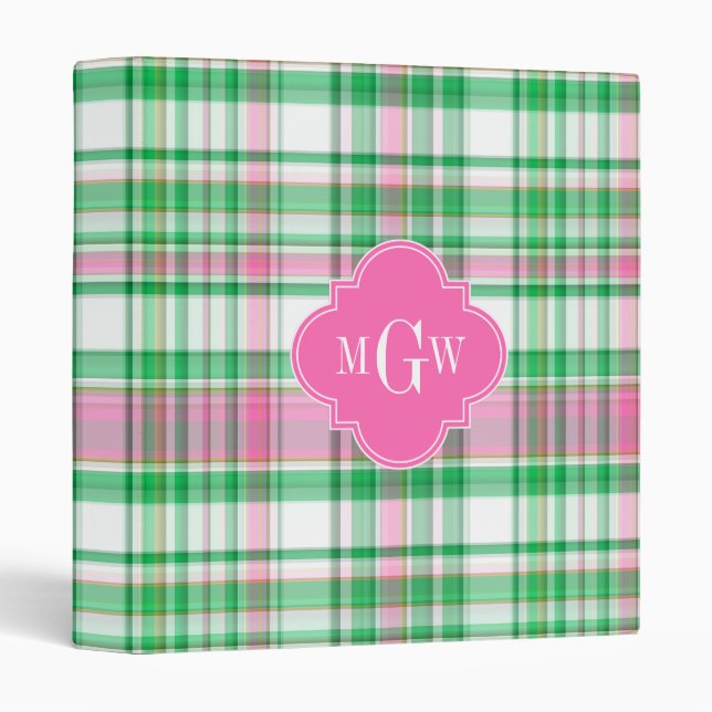 Emerald Green Hot Pink Wht Preppy Madras Monogram 3 Ring Binder (Front/Spine)
