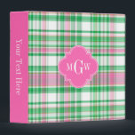 Emerald Green Hot Pink Wht Preppy Madras Monogram Binder<br><div class="desc">Shades of Emerald Green, Hot Pink and White Preppy Madras Style Plaid Pattern Hot Pink Quatrefoil Monogram ========== Customize this with your 3 initial monogram, name or other text. You can also change the font, adjust font size and font colos, move the text to adjust letter spacing, add text fields,...</div>