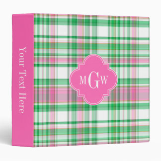 Emerald Green Hot Pink Wht Preppy Madras Monogram Binder