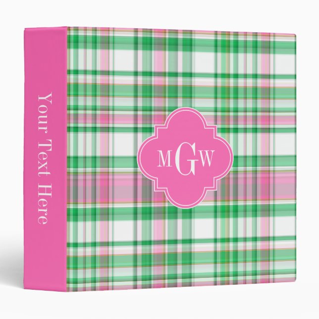 Emerald Green Hot Pink Wht Preppy Madras Monogram Binder (Front/Spine)
