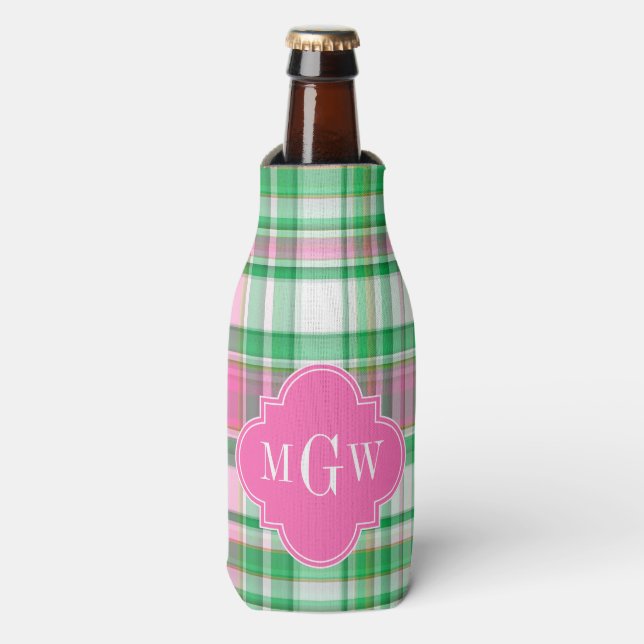 Emerald Green Hot Pink Wht Preppy Madras Monogram Bottle Cooler (Bottle Front)