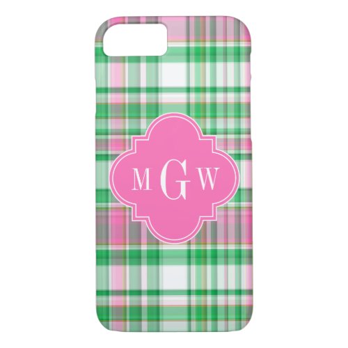 Emerald Green Hot Pink Wht Preppy Madras Monogram iPhone 87 Case