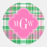 Emerald Green Hot Pink Wht Preppy Madras Monogram Classic Round Sticker