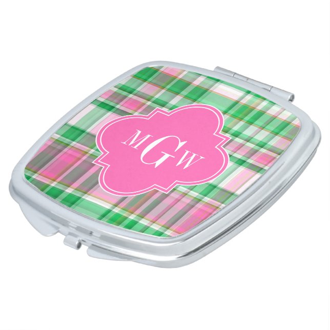 Emerald Green Hot Pink Wht Preppy Madras Monogram Compact Mirror (Turned)