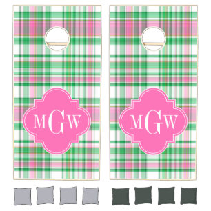 Emerald Green Hot Pink Wht Preppy Madras Monogram Cornhole Set