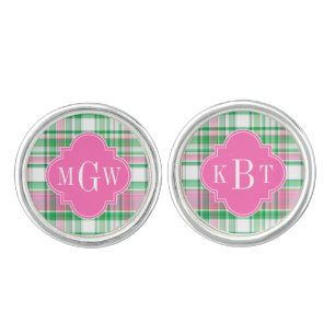 Emerald Green Hot Pink Wht Preppy Madras Monogram Cufflinks