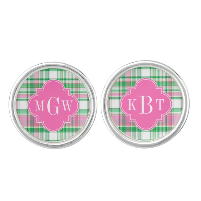 Emerald Green Hot Pink Wht Preppy Madras Monogram Cufflinks (Front)