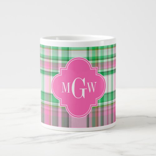 Emerald Green Hot Pink Wht Preppy Madras Monogram Giant Coffee Mug