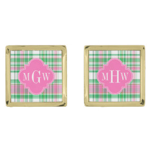 Emerald Green Hot Pink Wht Preppy Madras Monogram Gold Cufflinks
