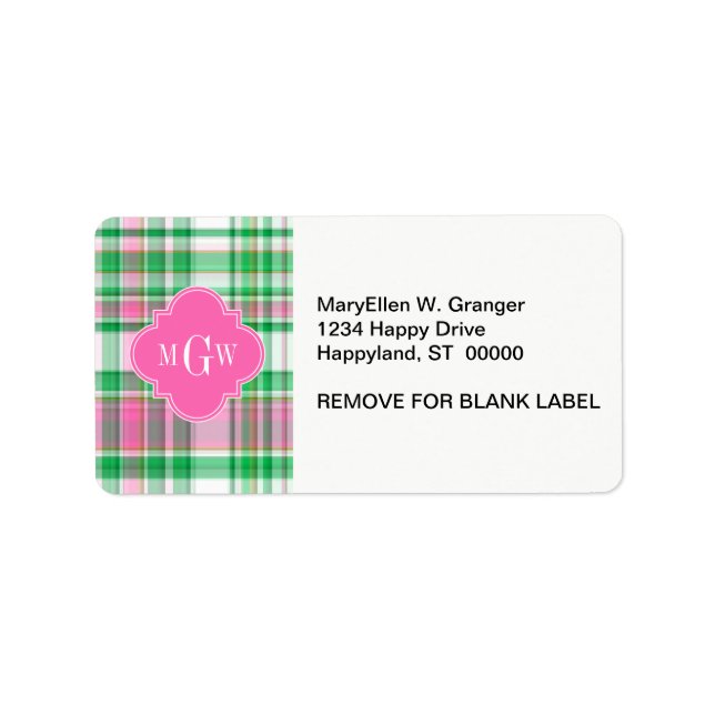 Emerald Green Hot Pink Wht Preppy Madras Monogram Label (Front)