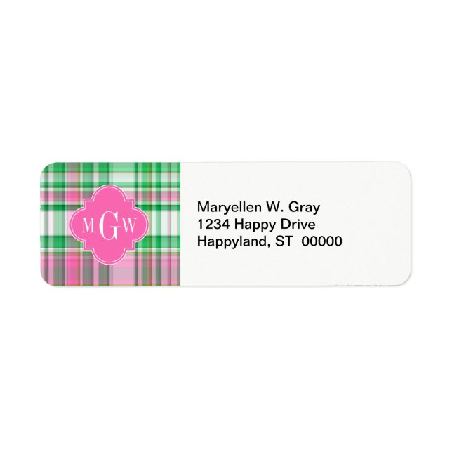 Emerald Green Hot Pink Wht Preppy Madras Monogram Label (Front)