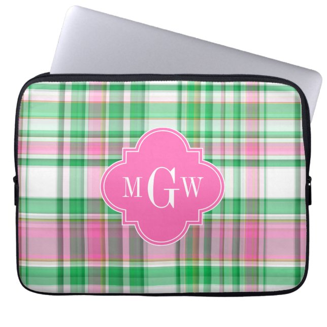 Emerald Green Hot Pink Wht Preppy Madras Monogram Laptop Sleeve (Front)