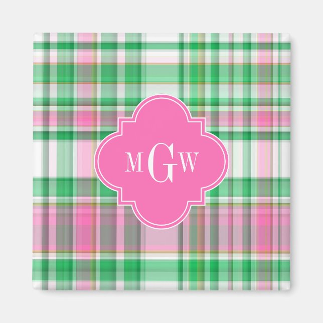 Emerald Green Hot Pink Wht Preppy Madras Monogram Magnet (Front)