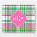 Emerald Green Hot Pink Wht Preppy Madras Monogram Mouse Pad