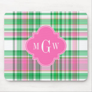 Emerald Green Hot Pink Wht Preppy Madras Monogram Mouse Pad