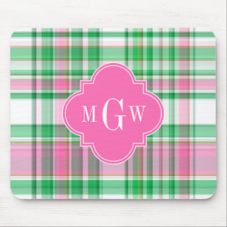Emerald Green Hot Pink Wht Preppy Madras Monogram Mouse Pad