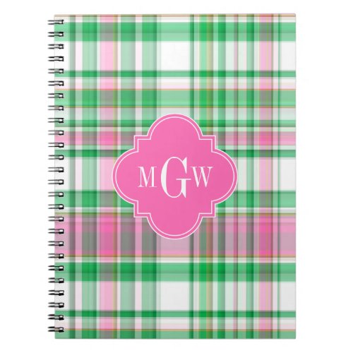 Emerald Green Hot Pink Wht Preppy Madras Monogram Notebook