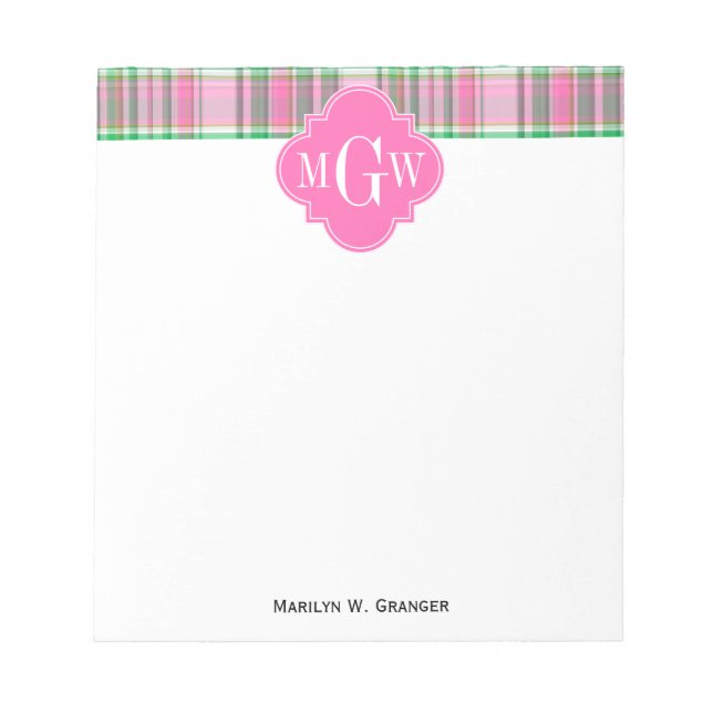 Emerald Green Hot Pink Wht Preppy Madras Monogram Notepad (Front)